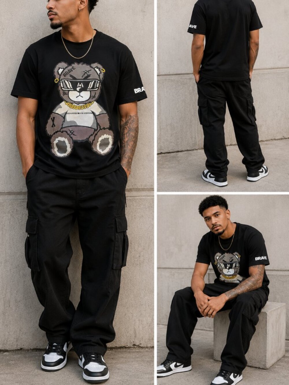 New CR24 Brave Black T-Shirt with Cool textured Bear Design - M